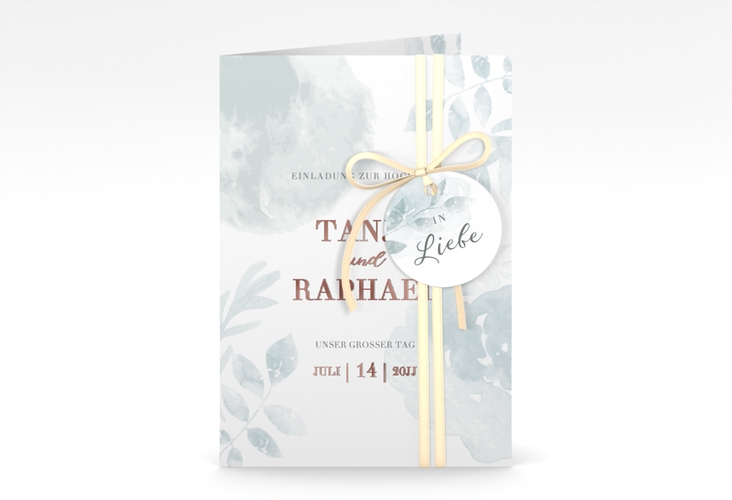 Einladungskarte Hochzeit Blätterdruck A6 Klappkarte hoch mint rosegold
