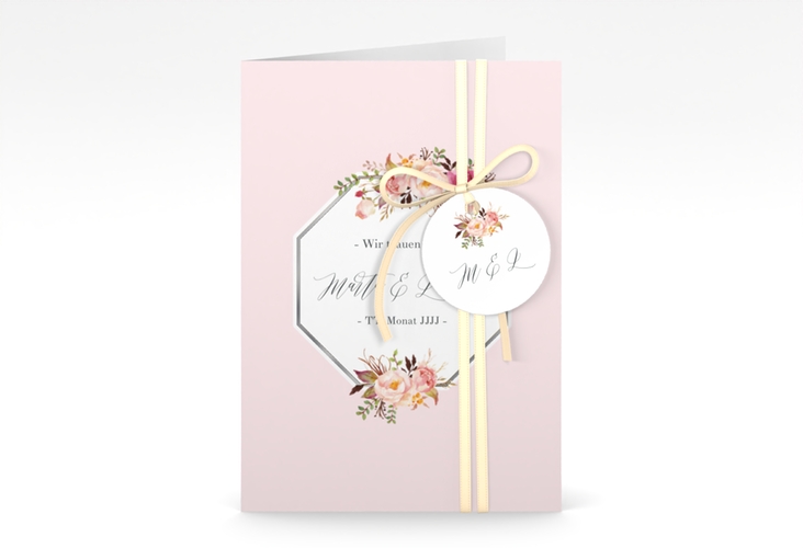 Einladungskarte Hochzeit Prachtvoll A6 Klappkarte hoch rosa silber