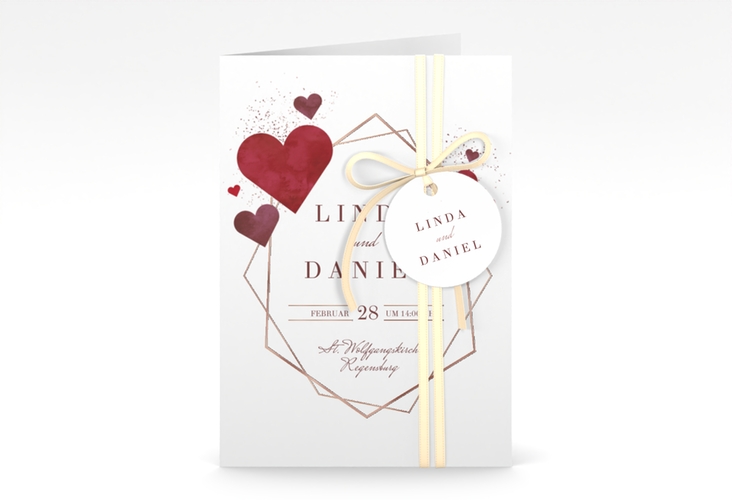 Einladungskarte Hochzeit Herzlich A6 Klappkarte hoch gold rosegold mit Goldrahmen und roten Herzen