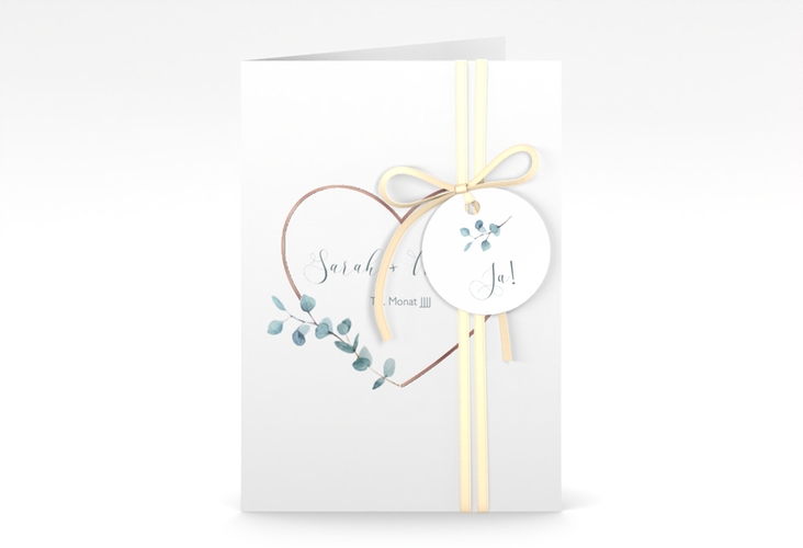 Einladungskarte Hochzeit Greenheart A6 Klappkarte hoch grau rosegold mit elegantem Herz und Eukalyptus-Zweig
