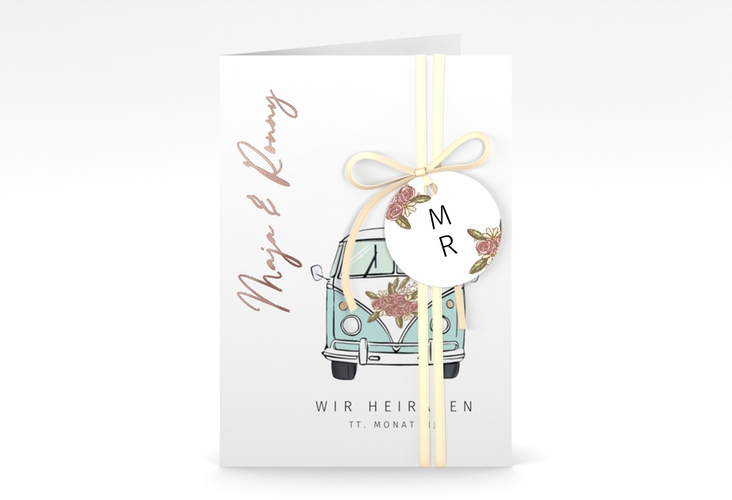 Einladungskarte Hochzeit Hochzeitsbulli A6 Klappkarte hoch blau rosegold mit Gräsern und Trockenblumen für Boho-Hochzeit