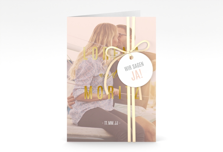 Einladungskarte Hochzeit Memory A6 Klappkarte hoch rosa gold