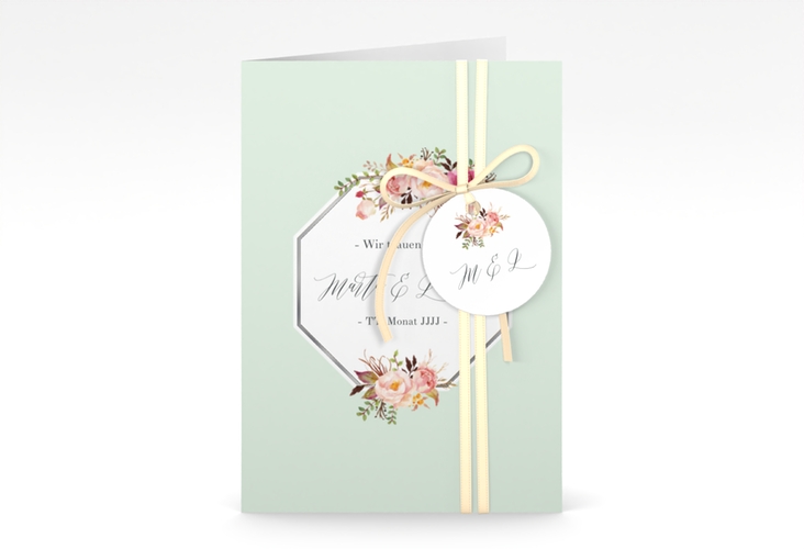 Einladungskarte Hochzeit Prachtvoll A6 Klappkarte hoch mint silber