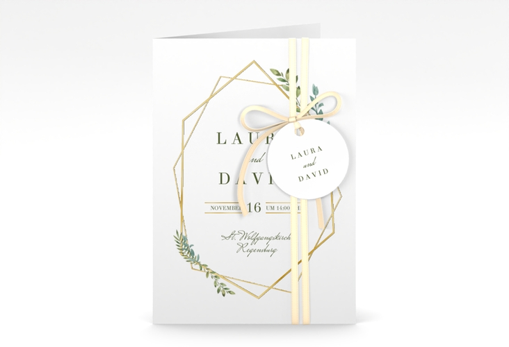 Einladungskarte Hochzeit Herbarium A6 Klappkarte hoch gold gold mit geometrischem Rahmen und Blätter-Dekor