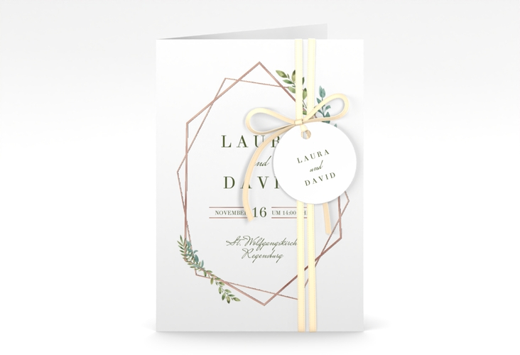 Einladungskarte Hochzeit Herbarium A6 Klappkarte hoch gold rosegold mit geometrischem Rahmen und Blätter-Dekor
