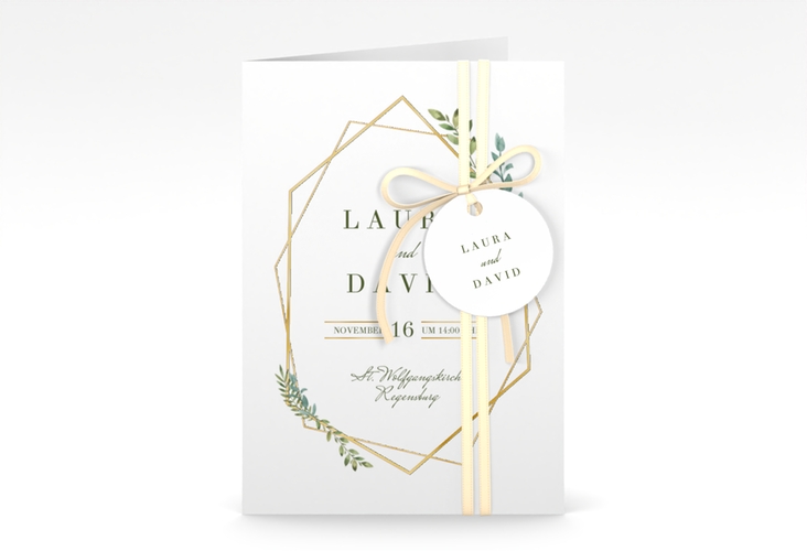 Einladungskarte Hochzeit Herbarium A6 Klappkarte hoch rosa gold mit geometrischem Rahmen und Blätter-Dekor