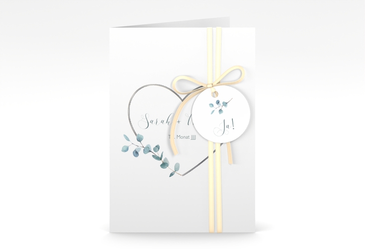 Einladungskarte Hochzeit Greenheart A6 Klappkarte hoch gold silber mit elegantem Herz und Eukalyptus-Zweig