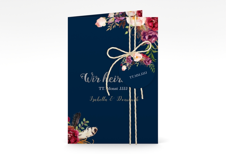 Einladungskarte Hochzeit Flowers A6 Klappkarte hoch blau silber mit bunten Aquarell-Blumen