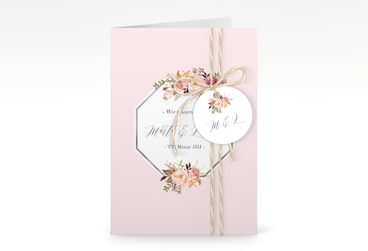 Einladungskarte Hochzeit Prachtvoll A6 Klappkarte hoch rosa silber