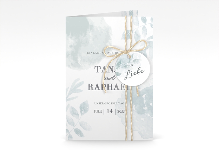 Einladungskarte Hochzeit Blätterdruck A6 Klappkarte hoch mint silber