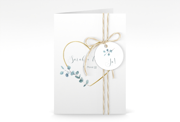 Einladungskarte Hochzeit Greenheart A6 Klappkarte hoch gold gold mit elegantem Herz und Eukalyptus-Zweig