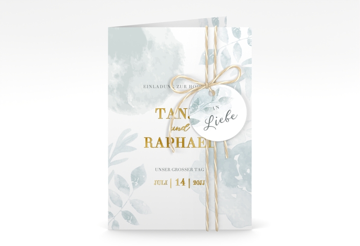 Einladungskarte Hochzeit Blätterdruck A6 Klappkarte hoch mint gold