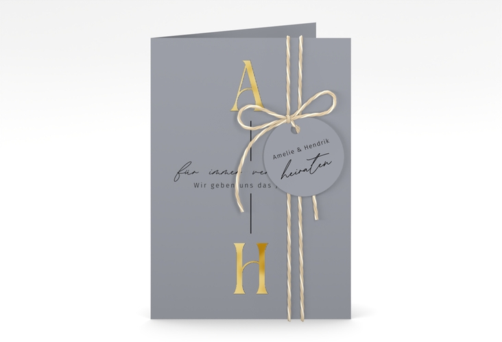 Einladungskarte Hochzeit Lebensbund A6 Klappkarte hoch blau gold mit veredelbaren Initialen