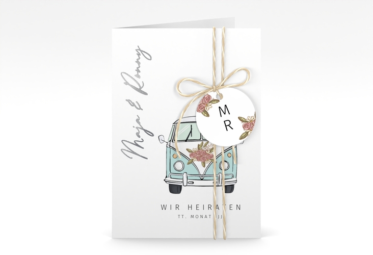 Einladungskarte Hochzeit Hochzeitsbulli A6 Klappkarte hoch blau silber mit Gräsern und Trockenblumen für Boho-Hochzeit