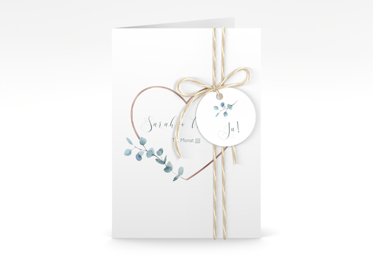 Einladungskarte Hochzeit Greenheart A6 Klappkarte hoch grau rosegold mit elegantem Herz und Eukalyptus-Zweig