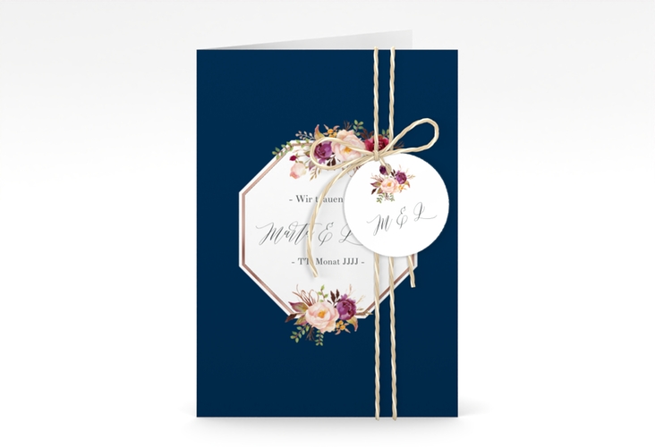 Einladungskarte Hochzeit Prachtvoll A6 Klappkarte hoch blau rosegold
