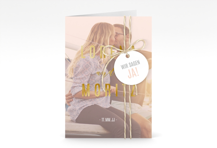 Einladungskarte Hochzeit Memory A6 Klappkarte hoch rosa gold