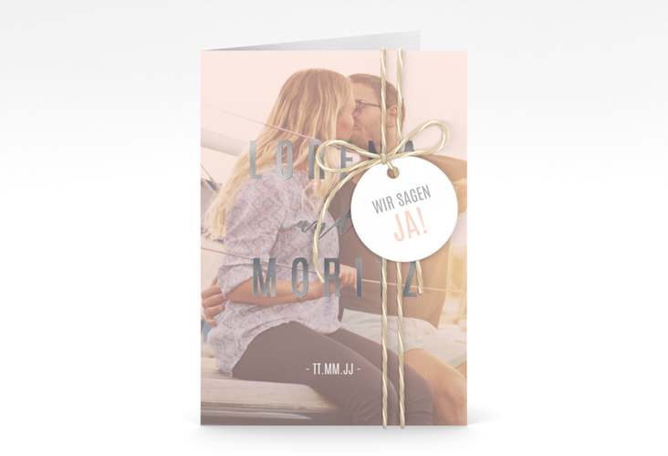 Einladungskarte Hochzeit Memory A6 Klappkarte hoch rosa silber