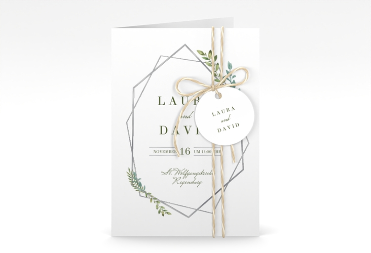 Einladungskarte Hochzeit Herbarium A6 Klappkarte hoch grau silber mit geometrischem Rahmen und Blätter-Dekor