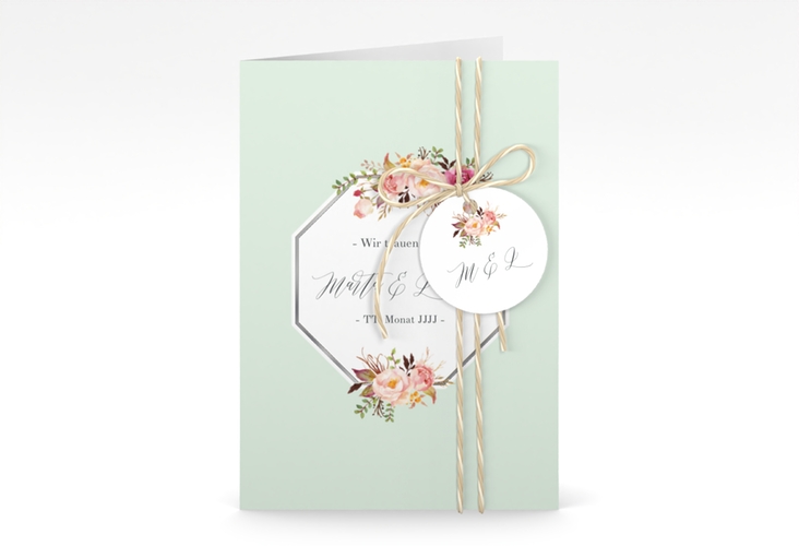 Einladungskarte Hochzeit Prachtvoll A6 Klappkarte hoch mint silber