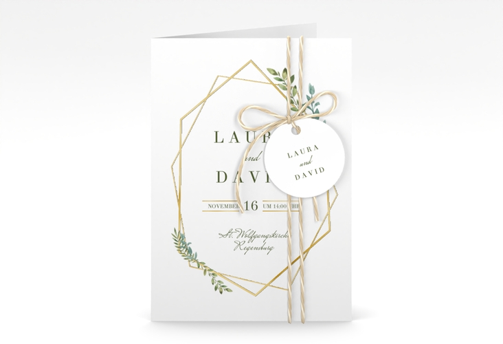 Einladungskarte Hochzeit Herbarium A6 Klappkarte hoch gold gold mit geometrischem Rahmen und Blätter-Dekor