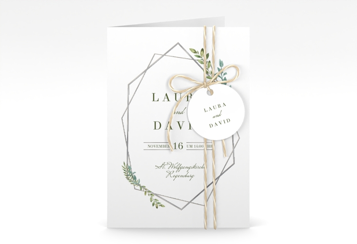 Einladungskarte Hochzeit Herbarium A6 Klappkarte hoch gold silber mit geometrischem Rahmen und Blätter-Dekor