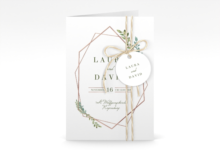 Einladungskarte Hochzeit Herbarium A6 Klappkarte hoch gold rosegold mit geometrischem Rahmen und Blätter-Dekor