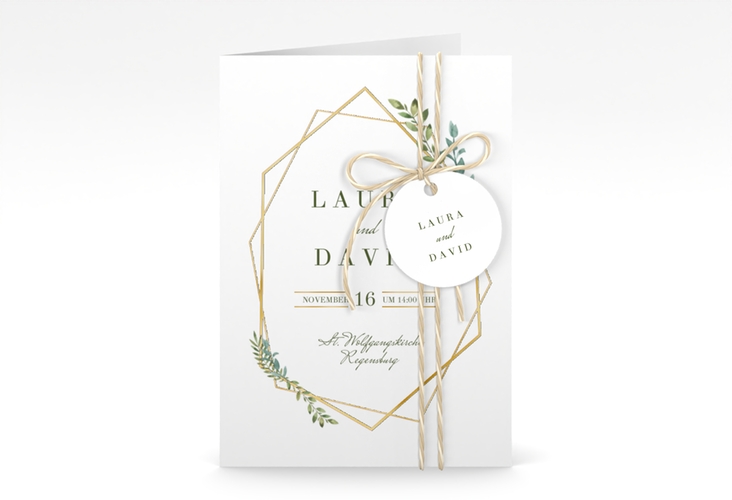 Einladungskarte Hochzeit Herbarium A6 Klappkarte hoch rosa gold mit geometrischem Rahmen und Blätter-Dekor