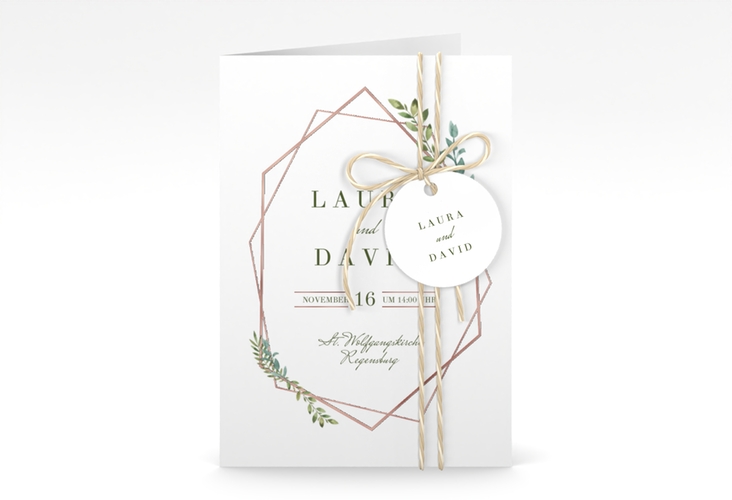Einladungskarte Hochzeit Herbarium A6 Klappkarte hoch rosa rosegold mit geometrischem Rahmen und Blätter-Dekor