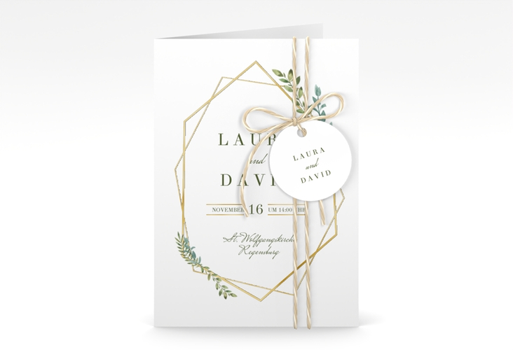 Einladungskarte Hochzeit Herbarium A6 Klappkarte hoch grau gold mit geometrischem Rahmen und Blätter-Dekor