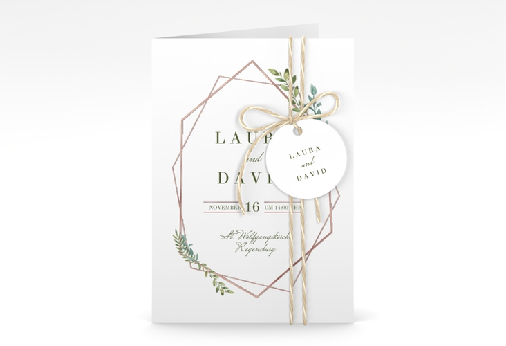 Einladungskarte Hochzeit Herbarium A6 Klappkarte hoch grau rosegold mit geometrischem Rahmen und Blätter-Dekor