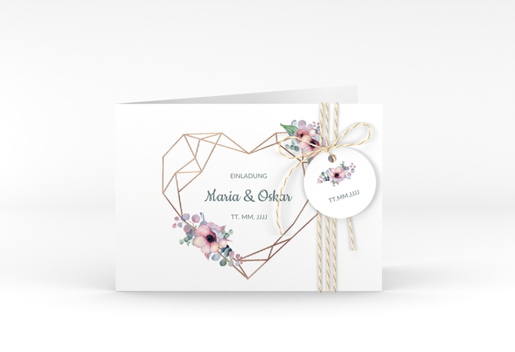 Hochzeitseinladung Herzgold A6 Klappkarte quer rosegold