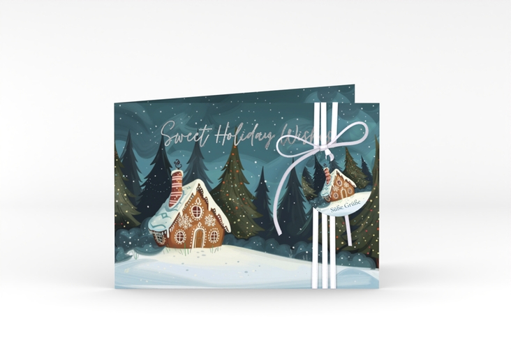 Weihnachtskarte Knusperhaus A6 Klappkarte quer silber mit Lebkuchenhaus im Winterwald
