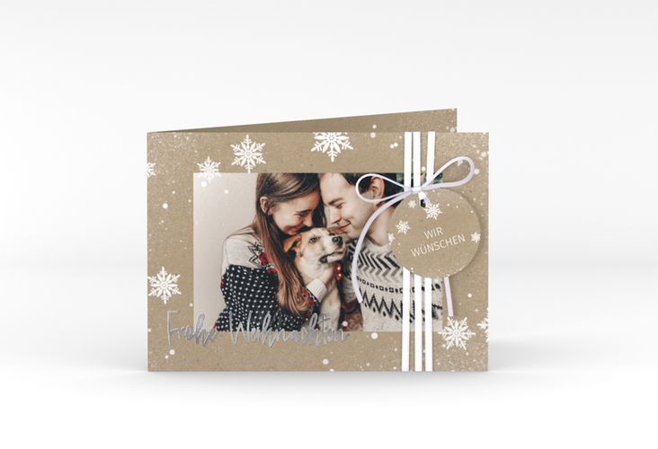 Weihnachtskarte Schneezauber A6 Klappkarte quer silber mit Foto und Schneeflocken
