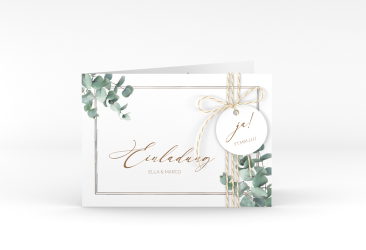 Hochzeitseinladung "Eucalypt" A6 Klappkarte quer silber mit Eukalyptus und edlem Rahmen