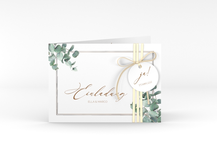 Hochzeitseinladung "Eucalypt" A6 Klappkarte quer silber mit Eukalyptus und edlem Rahmen