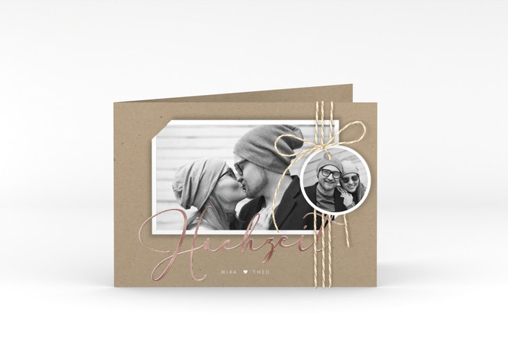 Hochzeitseinladung Crafty A6 Klappkarte quer rosegold mit Foto