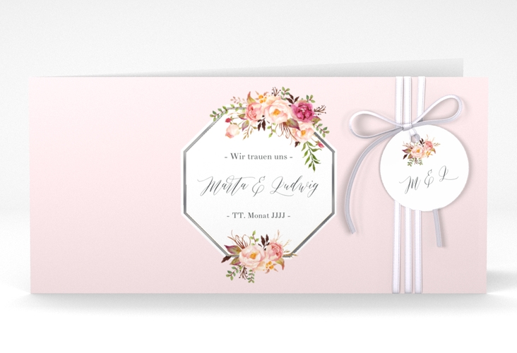 Hochzeitseinladung Prachtvoll lange Klappkarte quer rosa silber