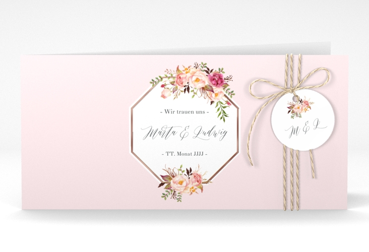 Hochzeitseinladung Prachtvoll lange Klappkarte quer rosa rosegold