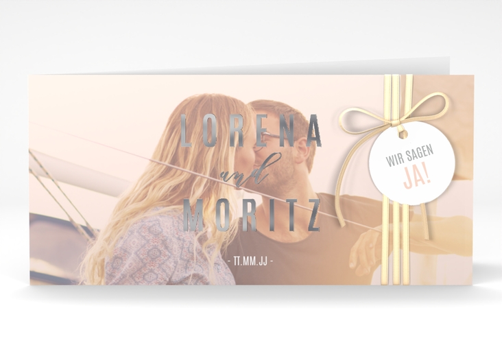 Hochzeitseinladung Memory lange Klappkarte quer rosa silber