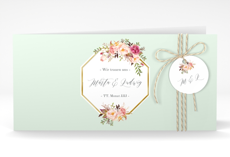 Hochzeitseinladung Prachtvoll lange Klappkarte quer mint gold