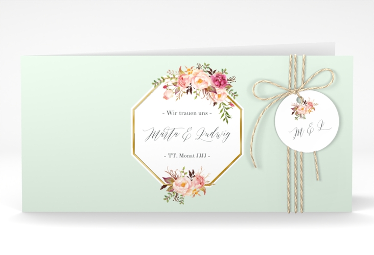 Hochzeitseinladung Prachtvoll lange Klappkarte quer mint gold