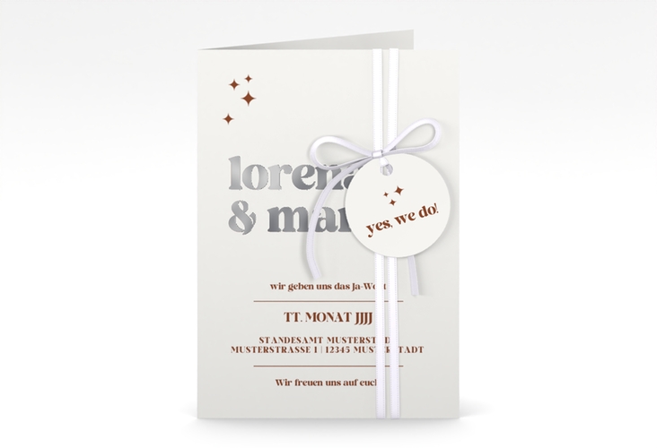 Einladungskarte Hochzeit Retro A6 Klappkarte hoch weiss silber