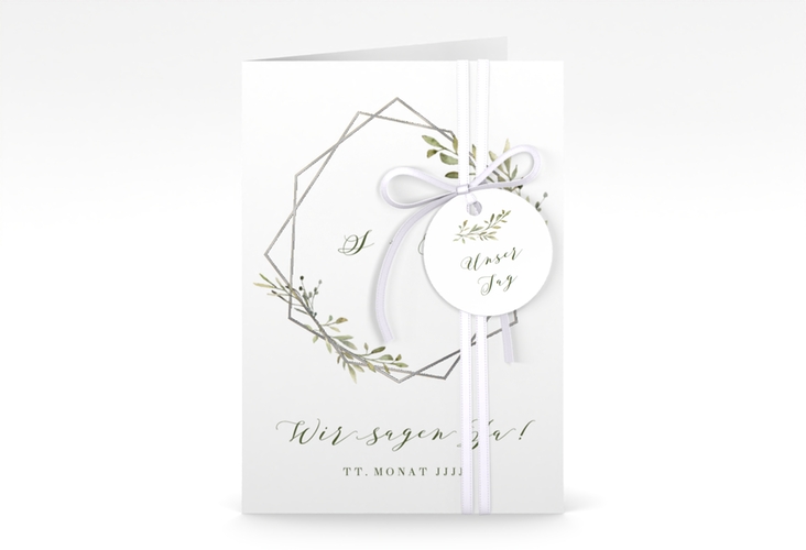Einladungskarte Hochzeit Acacia A6 Klappkarte hoch weiss silber