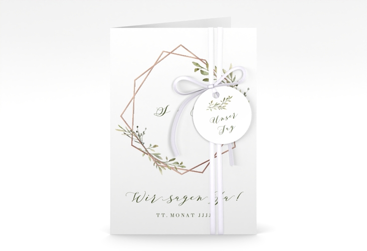 Einladungskarte Hochzeit Acacia A6 Klappkarte hoch weiss rosegold