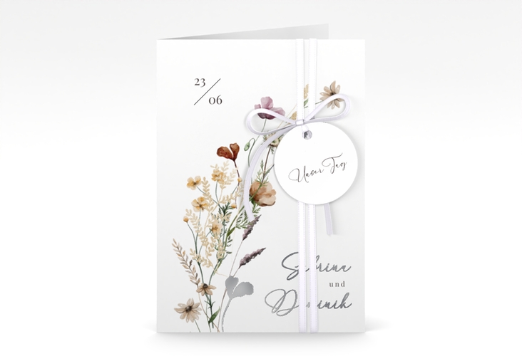 Einladungskarte Hochzeit Sauvages A6 Klappkarte hoch weiss silber mit getrockneten Wiesenblumen