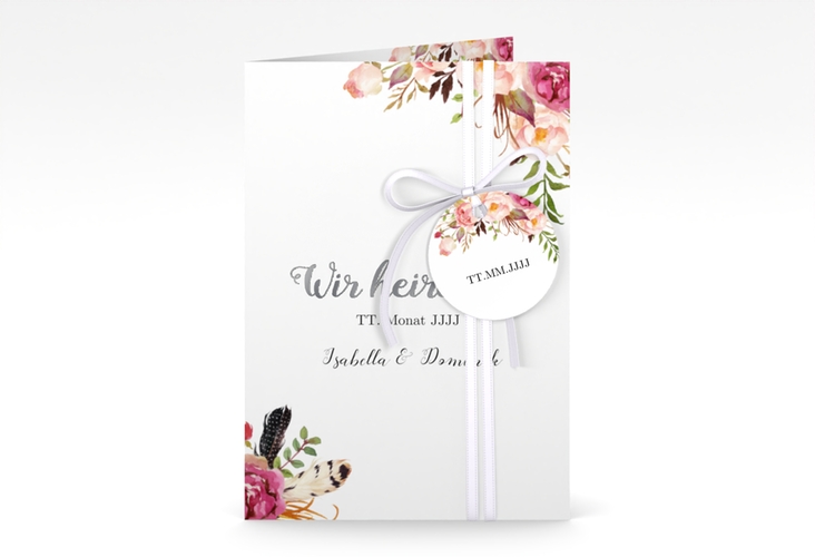 Einladungskarte Hochzeit Flowers A6 Klappkarte hoch weiss silber mit bunten Aquarell-Blumen