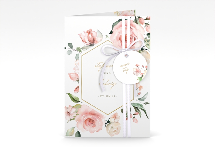 Einladungskarte Hochzeit Graceful A6 Klappkarte hoch weiss gold mit Rosenblüten in Rosa und Weiß