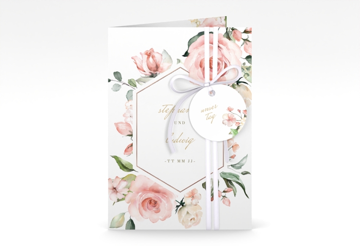 Einladungskarte Hochzeit Graceful A6 Klappkarte hoch weiss rosegold mit Rosenblüten in Rosa und Weiß