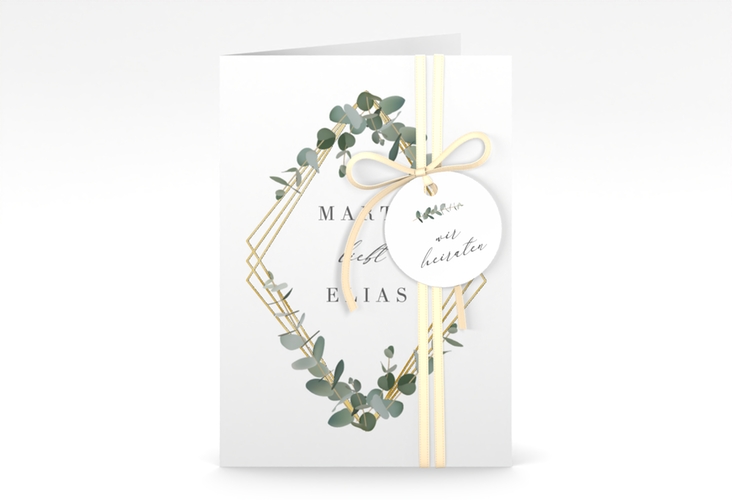 Einladungskarte Hochzeit Eukalyptus A6 Klappkarte hoch weiss gold
